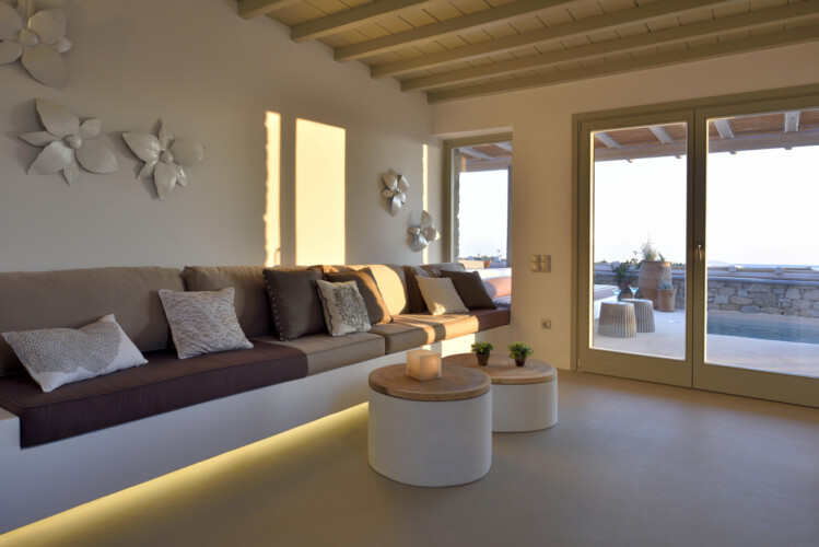 living room with minimalistic interior design from villa ammolite in mykonos